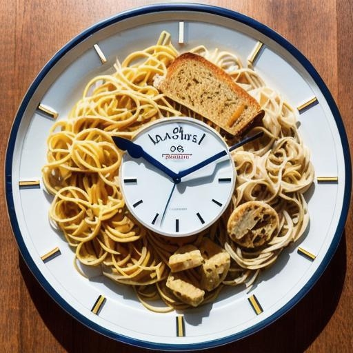 Uhr zeigt 18:00 Uhr, daneben Teller mit Essen, symbolisiert den Mythos der Kohlenhydrate nach 18 Uhr.